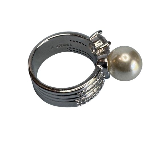 Womens Size 8 18K GP Silver Ring With Pearl & Cubic Zirconia Stones - Picture 5 of 8